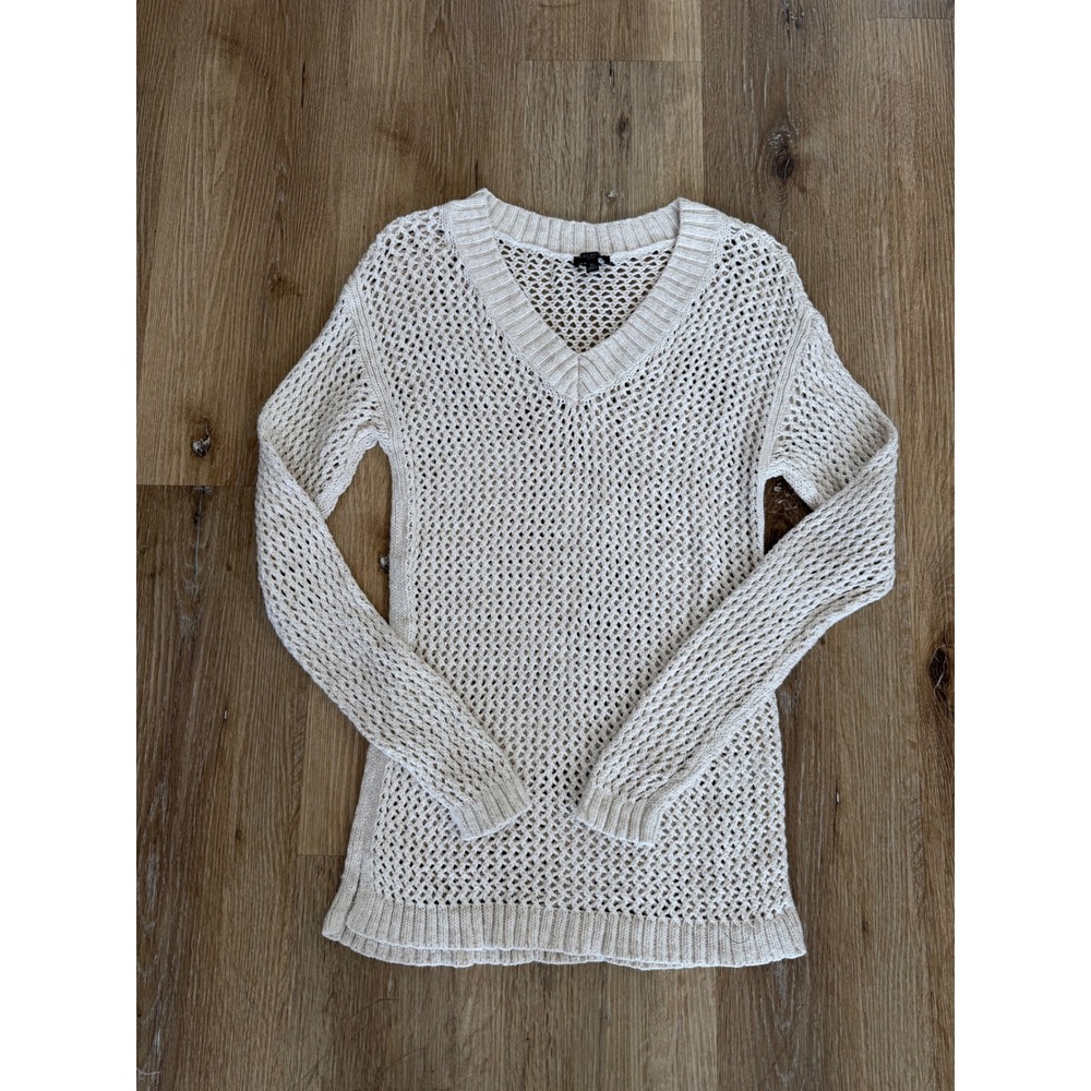 Talbots Open Knit Sweater Womens SP Cream Cotton V-Neck Crochet Mesh Boho